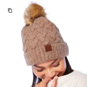 Braided Cable Knit Fur Pom Beanie in Taupe
